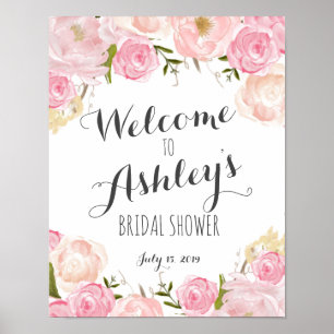 Välkomsttecken för rosa blommor Möhippa Poster