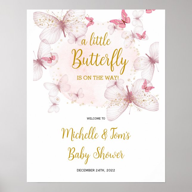 Välkomsttecken för rosa Butterfly Baby Shower Poster (Framsidan)