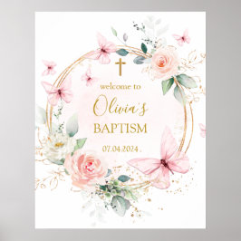 Välkomsttecken för rosa Fold Butterfly Baptism Poster