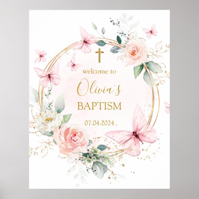 Välkomsttecken för rosa Fold Butterfly Baptism Poster (Framsidan)