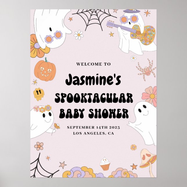 Välkomsttecken för rosa Groovy Ghost Baby Shower Poster (Framsidan)