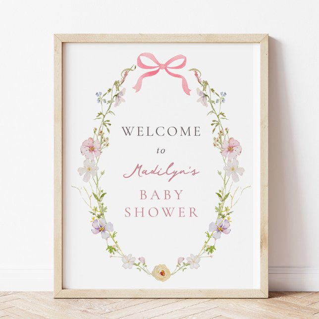 Välkomsttecken för rosa Wildblommor Bow Baby Showe Poster (Skapare uppladdad)