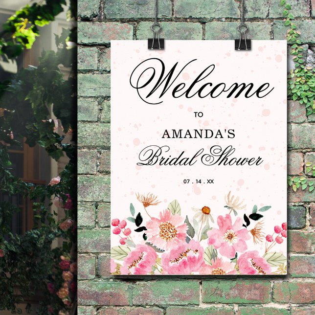 Välkomsttecken för rosa Wildblommors Möhippa Poster (Pink floral bridal shower  welcome sign poster - PRINTED or INSTANT DOWNLOAD)
