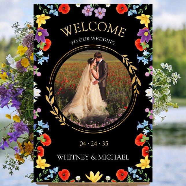 Välkomsttecken för Rustic Boho Wildblomfoto Bröllo Poster (Rustic Boho Wildflower Photo Wedding Welcome Sign)