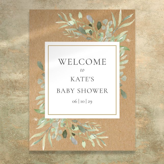 Välkomsttecken för Rustic Greenery Baby Shower Poster (Rustic Greenery Baby Shower Welcome Sign)
