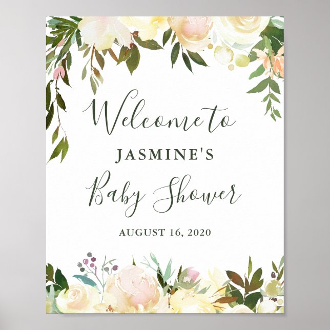 Välkomsttecken för Rustic Greenery Blommigt Baby S Poster (Framsidan)