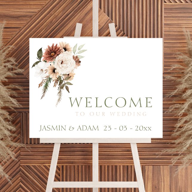 Välkomsttecken för Rustic Peach Terracotta Grönt B Poster (Elegant Peach Green Floral Wedding Welcome Sign)