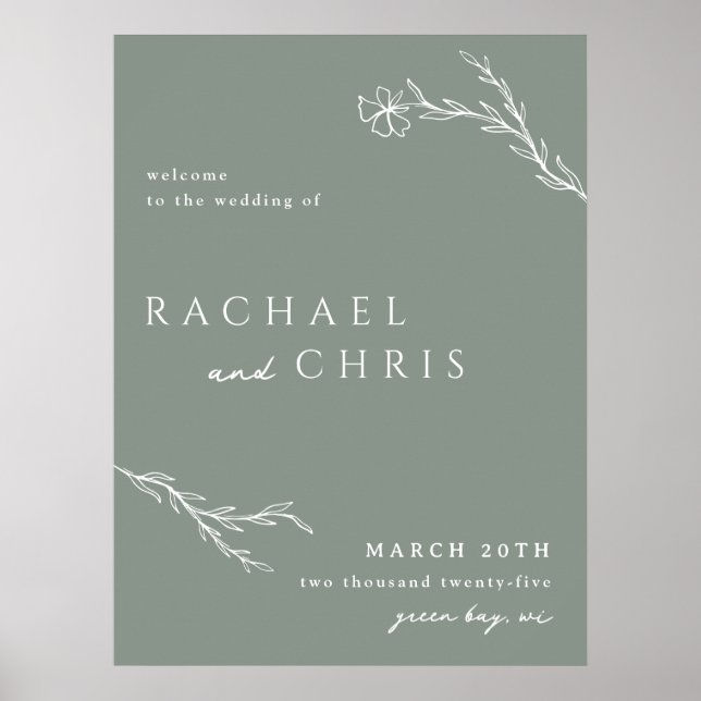 Välkomsttecken för Sage Grönt Modern Stenciled Blo Poster (Framsidan)