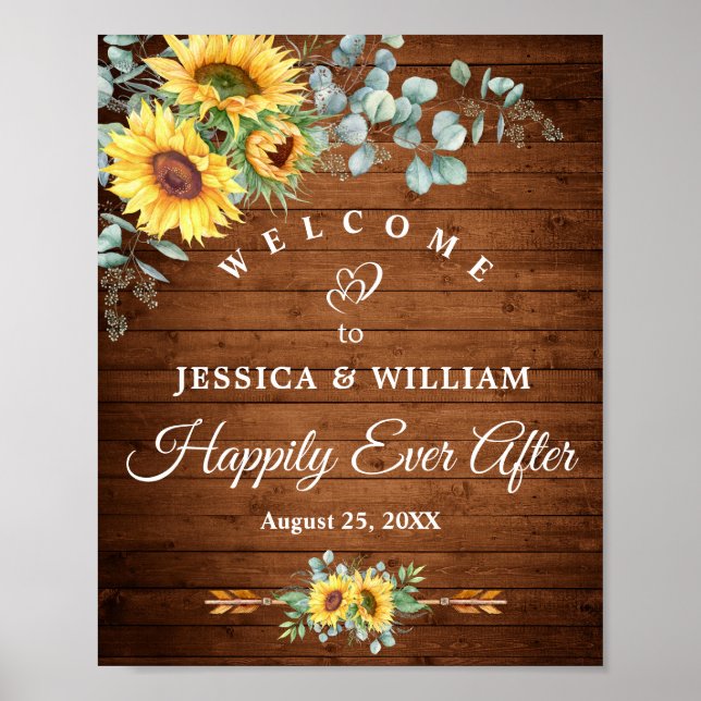 Välkomsttecken för solblommor Eucalyptus Rustic Br Poster (Framsidan)