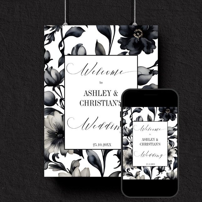 Välkomsttecken för Svarta och vita elegant bröllop Poster (Black and white vintage flowers simple elegant wedding template welcome sign digital download)