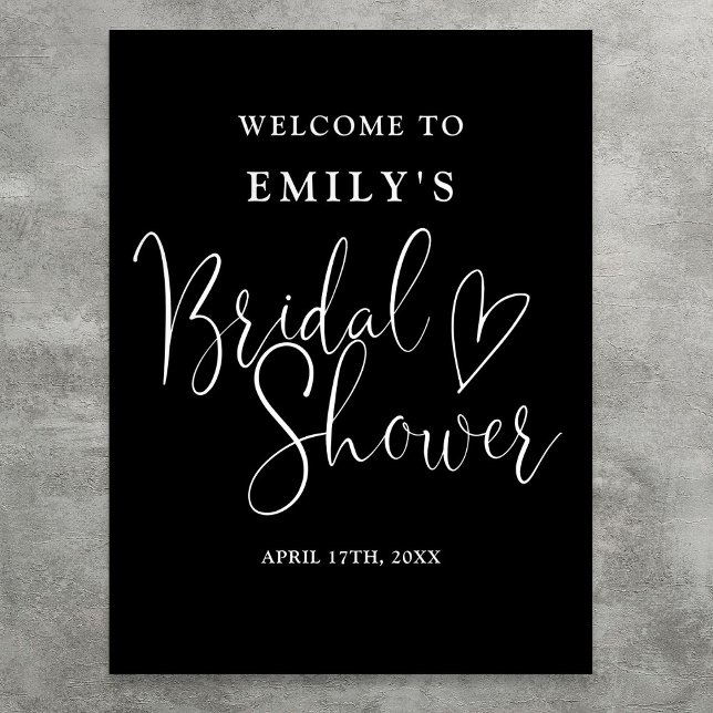 Välkomsttecken för svartvitt skript, Möhippa Poster (Black And White Script Bridal Shower Welcome Sign)