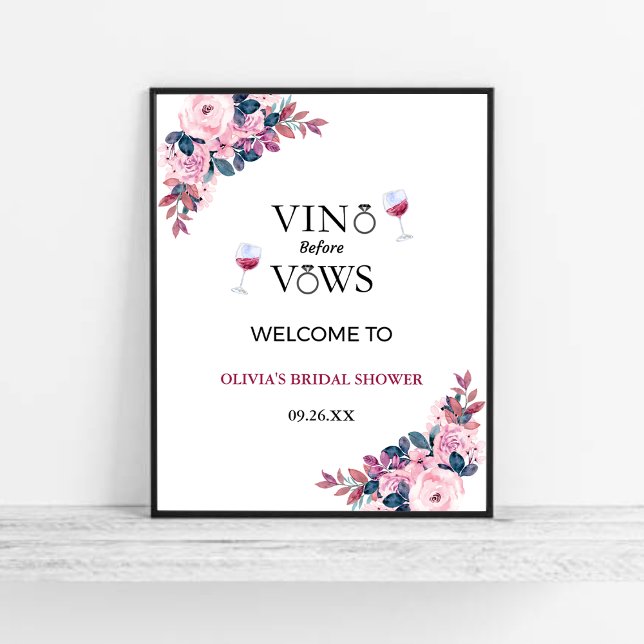 Välkomsttecken för Vino före Vows Vin Möhippa Poster (Vino Before Vows Wine Bridal Shower Welcome Sign )