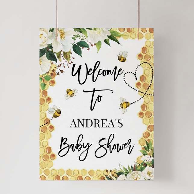 Välkomsttecken för vit Blommigt Bee Baby Shower Poster (Skapare uppladdad)