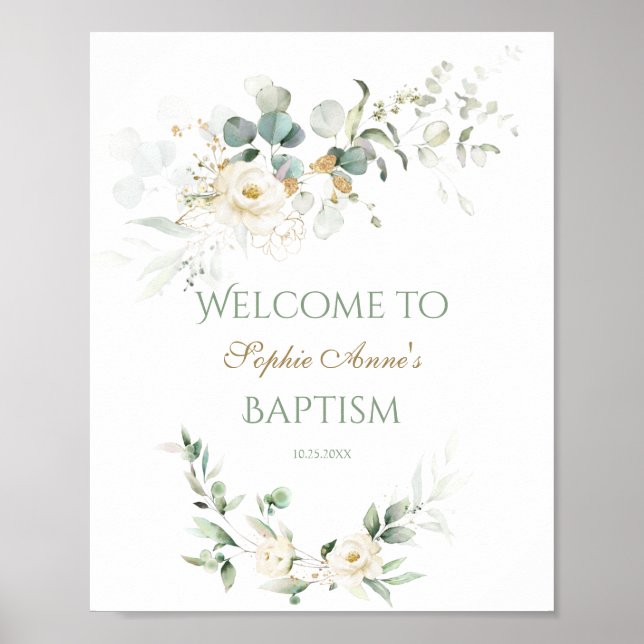 Välkomsttecken för vit Blommigt, Greenery Baptism Poster (Framsidan)