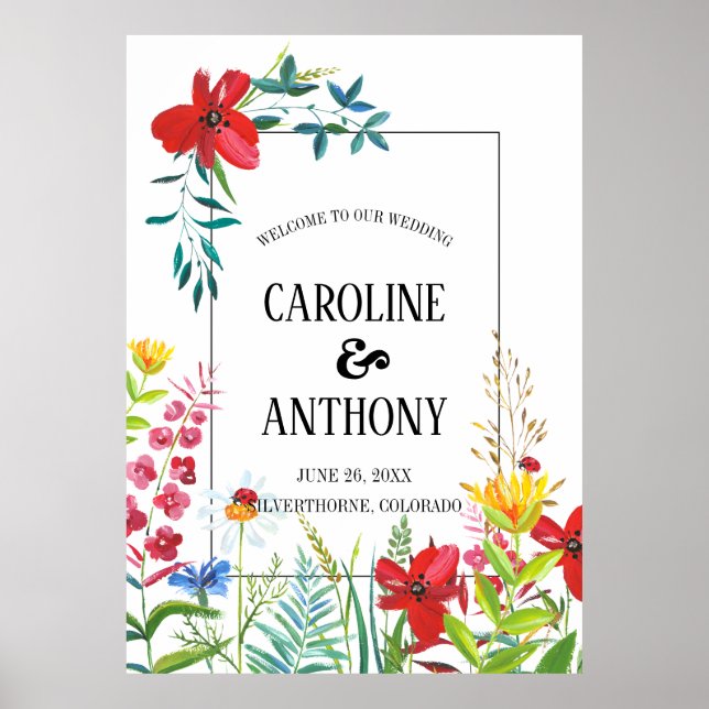 Välkomsttecken för Watercolor WildblommBröllop Poster (Framsidan)