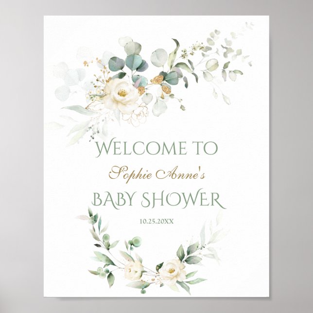 Välkomsttecken för White Blommigt Greenery Baby Sh Poster (Framsidan)