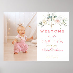 Välkomsttecken för White Rosa Blommigt Girl Photo Poster
