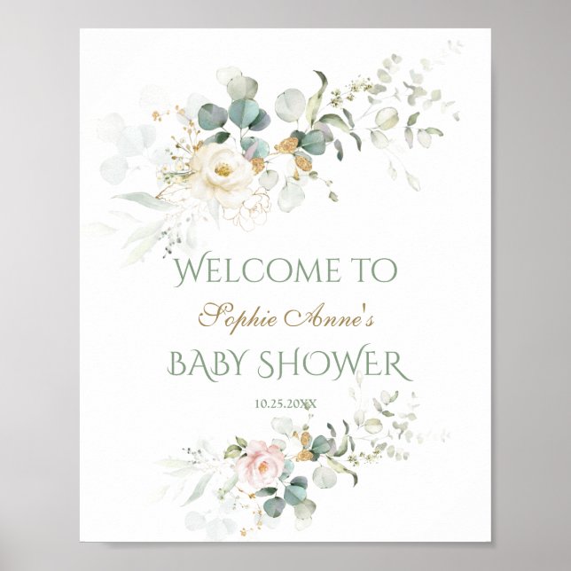 Välkomsttecken för White Rosa Flowers Baby Shower Poster (Framsidan)