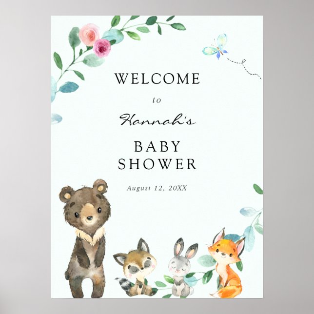 Välkomsttecken för Woodland Animals Rosa Baby Show Poster (Framsidan)