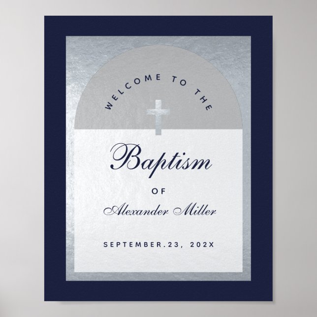 Välkomsttecken från Boy Baptism Navy Blue Silver A Poster (Framsidan)