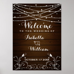Välkomsttecken Rustic String Ljus Hearts Bröllop Poster