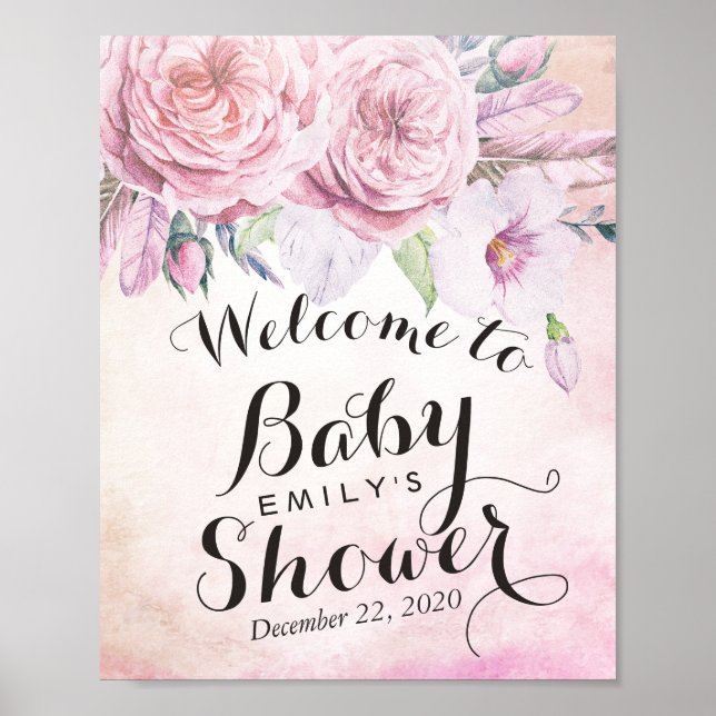 Välkomstvattenfärg Boho Flower Feather från babyvi Poster (Framsidan)