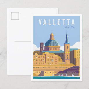 Valletta Malta Art Vintage resor Illustration Vykort