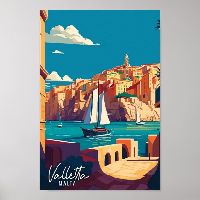 Valletta Malta Art vintage travel illustration Poster (Framsidan)