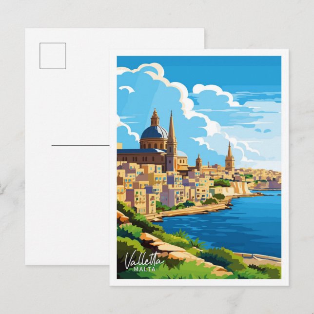 Valletta Malta Travel Vintage illustration Vykort (Fram/baksida)