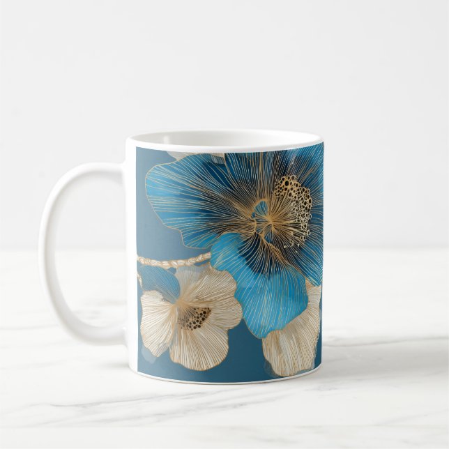 Vallmo Blå Guld Linje Konst Botanisk Blomma Kaffemugg (Vänster)