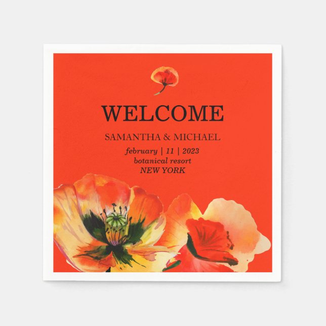 Vallmo Blomma Röd oRANGE Klassisk Bröllop Pappersservett (Framsidan)