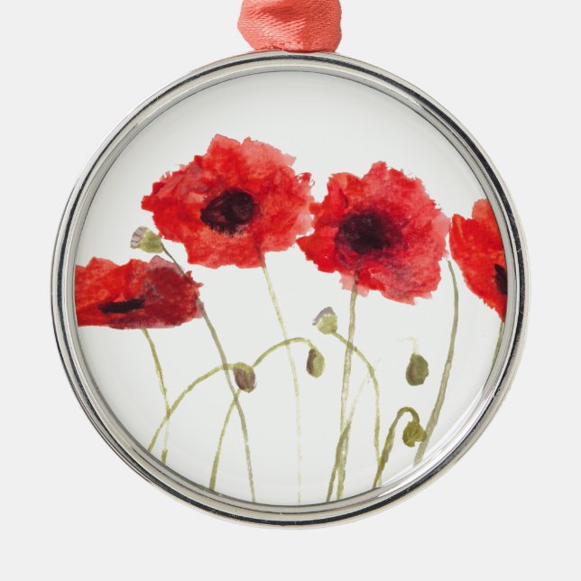 Vallmo blommigt röd blomvallmo, vattenfärg julgransprydnad metall (Framsidan)