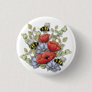 Vallmo blommor och bin Digital ritning, Botanisk Knapp