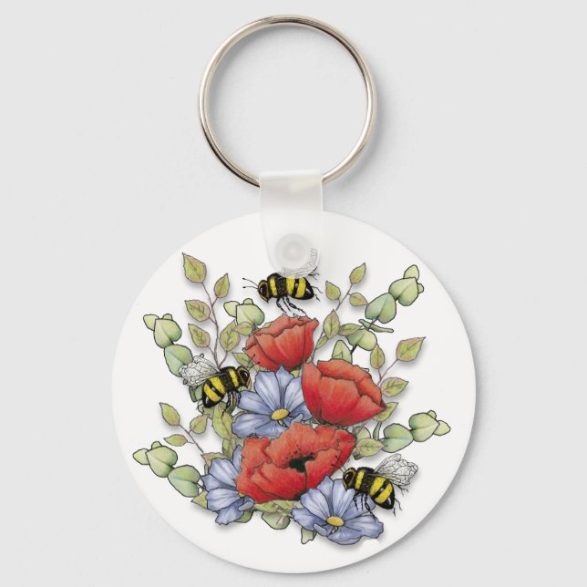 Vallmo blommor och bin Digital ritning, Botanisk  Nyckelring (Framsida)