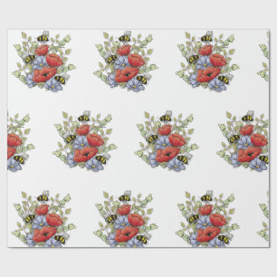 Vallmo blommor och bin Digital ritning, Botanisk Presentpapper