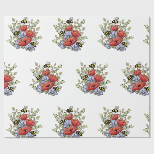 Vallmo blommor och bin Digital ritning, Botanisk  Presentpapper (Platt)
