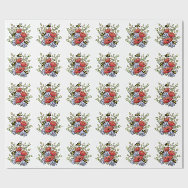 Vallmo blommor och bin Digital ritning, Botanisk  Presentpapper (Platt)
