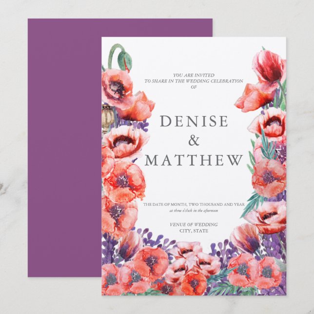 Vallmo bröllopsinbjudan med Dahlia baksida Inbjudningar (Fram/baksida)