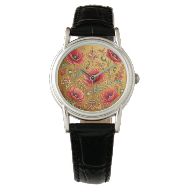 Vallmo fleur gyllene design armbandsur (Framsida)