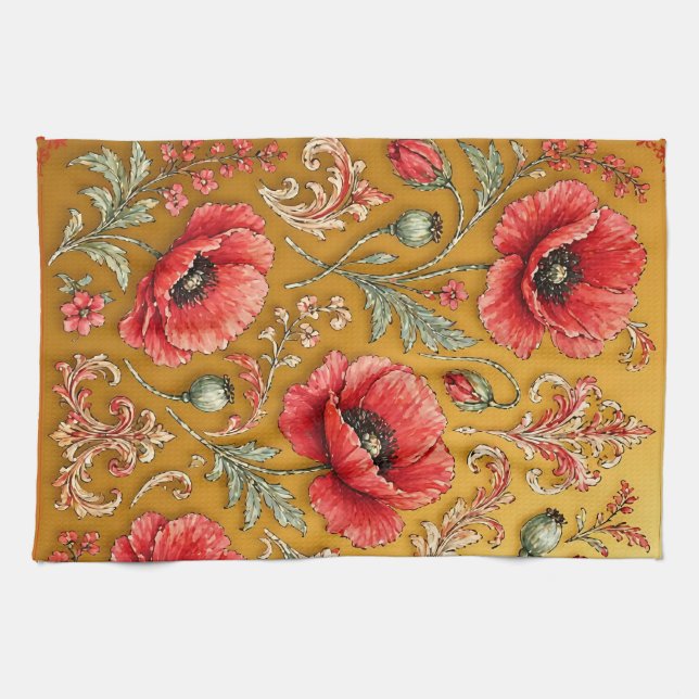 Vallmo fleur gyllene design kökshandduk (Horisontell)