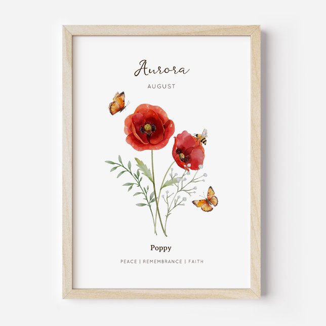 Vallmo Födelsemånad Blomma Affisch (Example of poppy birth flower poster once framed. )