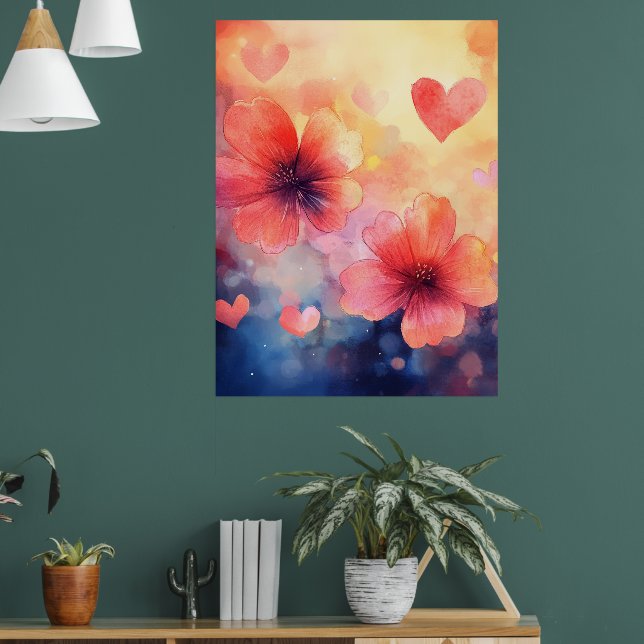 Vallmo & Hjärtan – Romantiskt Konsttryck i Vattenf Poster (Vardagsrum 1)