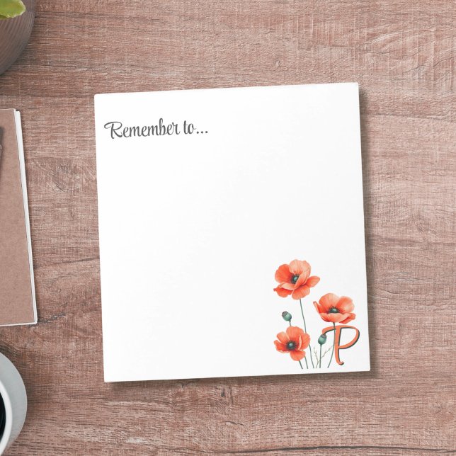 Vallmo Monogram Vildbloms Notisblock Anteckningsblock (Add your initial to this pretty poppy notepad)