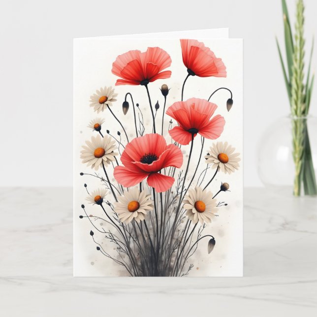 Vallmo och tusenskönor - Akvarellblommor Kort (Framsida)