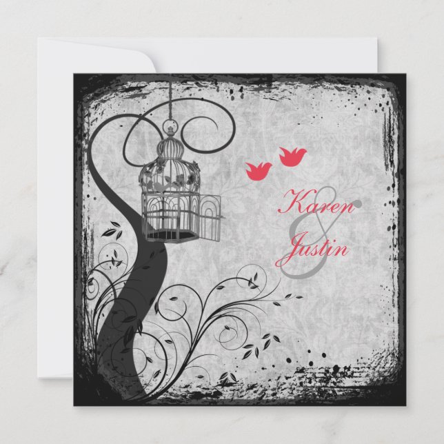 Vallmo Red, Grått Birdcage Lovebird Bröllopsinbjud Inbjudningar (Framsida)