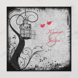 Vallmo Red, Grått Birdcage Lovebird Bröllopsinbjud Inbjudningar