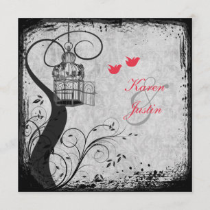 Vallmo Red, Grått Birdcage Lovebird Bröllopsinbjud Inbjudningar