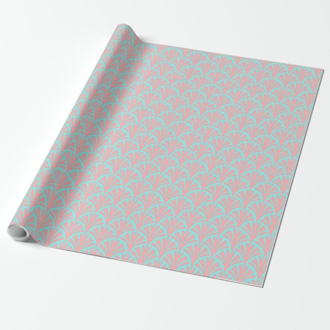 Vallmo Rosa och Blue Fläkt Mönster Presentpapper (Utrullad)