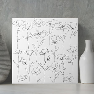 Vallmo Vildblomma Svart och Vitt Minimalist Blomma Kakelplatta