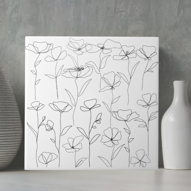 Vallmo Vildblomma Svart och Vitt Minimalist Blomma Kakelplatta (Close up)
